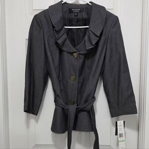 Signature by Larry Levine Dark Gray Ruffle-Collar Belted Blazer